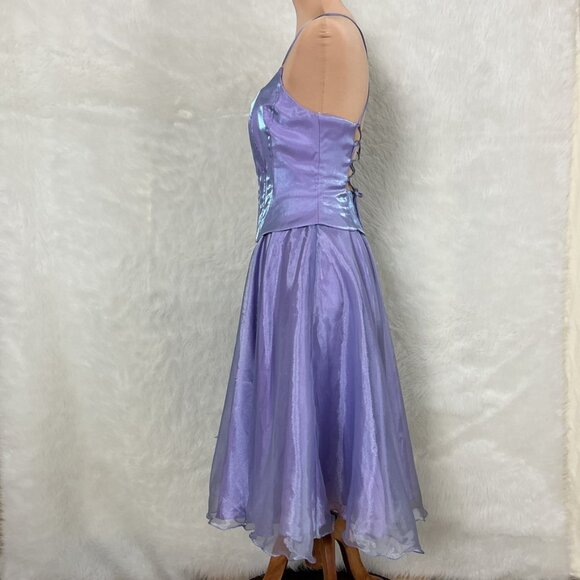 Vintage 80s 90s Cache Shimmer Lilac Purple Organza Lace Up Dress Fairy 6 - Picture 2 of 8
